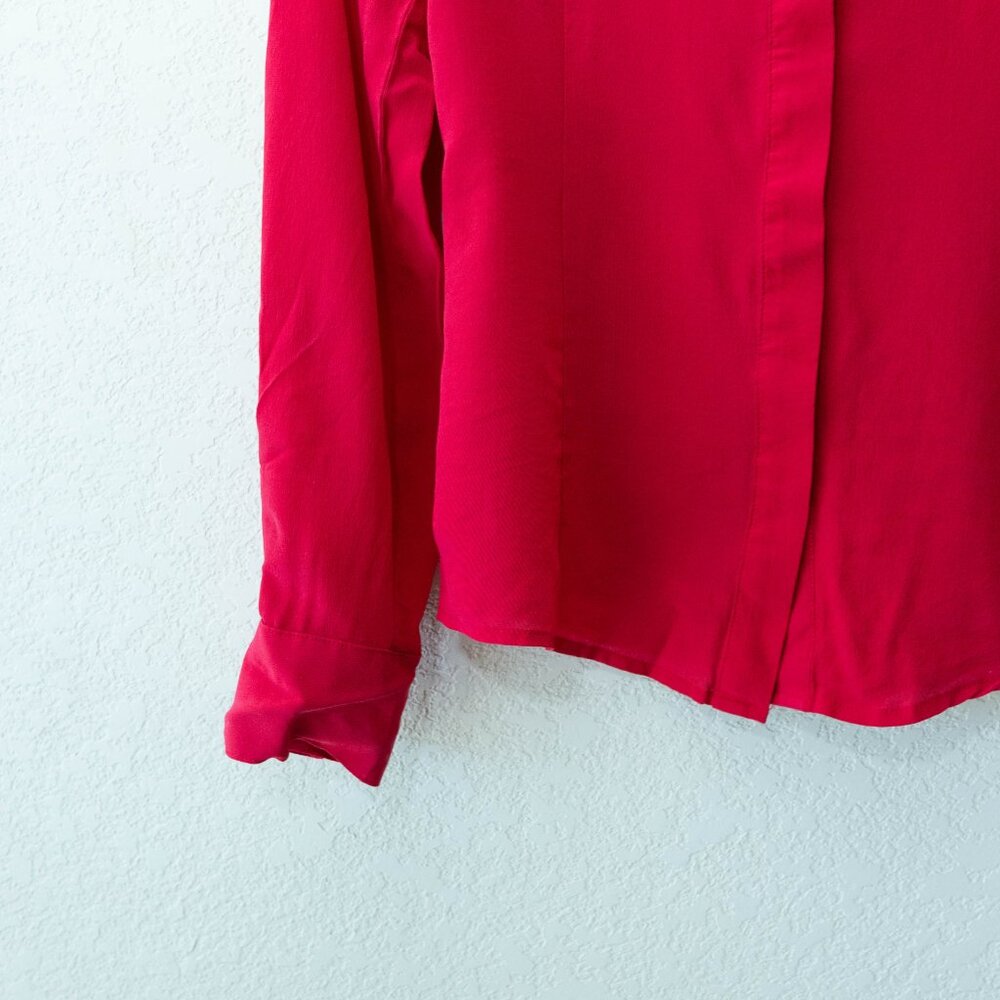 Bebe 100% Silk Red Button Up Blouse Roll Tab Sleeve Luxe Shirt Women XS - Picture 5 of 14